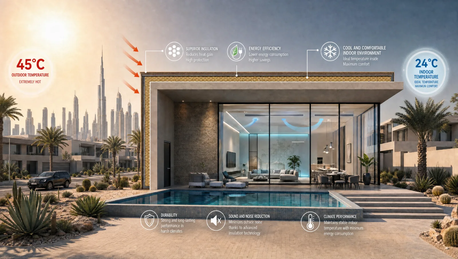Hot-climate insulation infographic: 45°C outdoor vs 24°C indoor — superior insulation, energy efficiency, cool and comfortable indoor environment, durability, sound reduction and climate performance